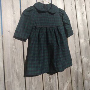 Vintage Baby Dress Dark Blue Green Plaid Toddler Christmas Old Fashioned